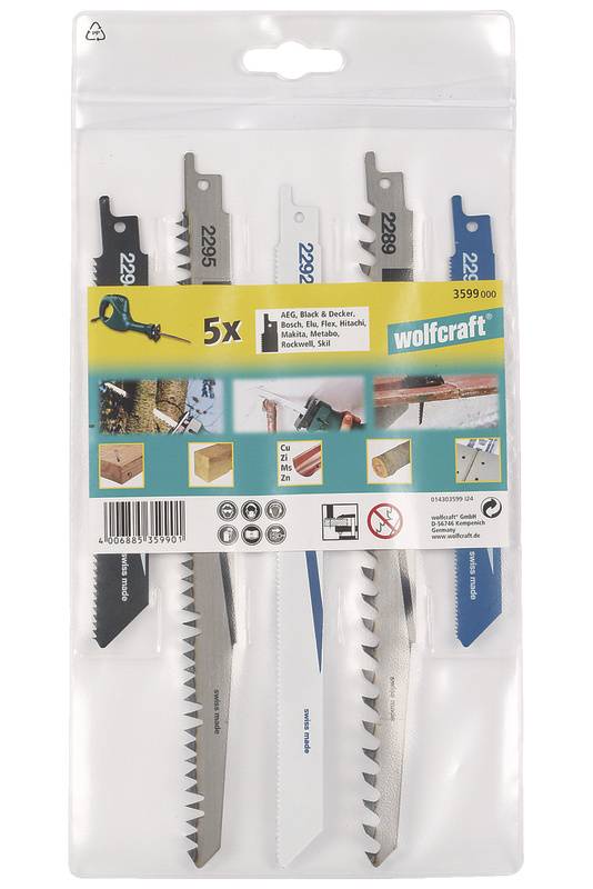 Fünf Sägeblätter von Wolfcraft in Plastikverpackung, geeignet für Holz, Metall und Kunststoff. Kompatibel mit Bosch und anderen Sägen.