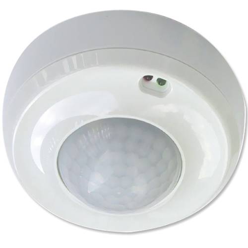 Ein weißer Deckenbewegungsmelder mit zwei kleinen Lichtern zur Bewegungsdetektion.