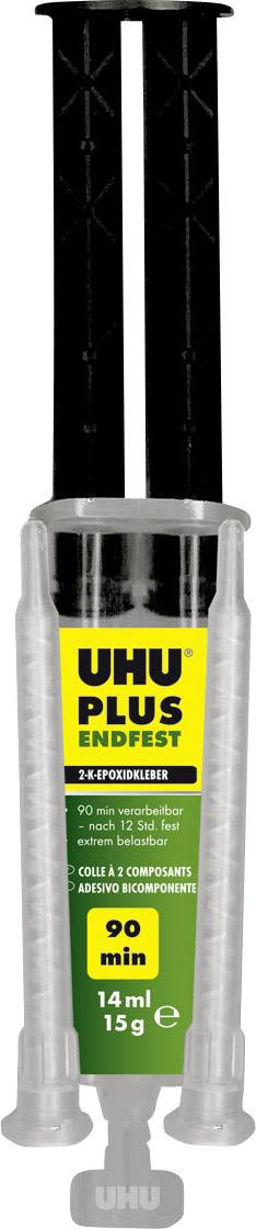 UHU Plus Endfest 300 Kleber in einer 2-Komponenten-Spritze, 90 Minuten Aushärtezeit, 14 ml Gesamtinhalt, Epoxidharzkleber.