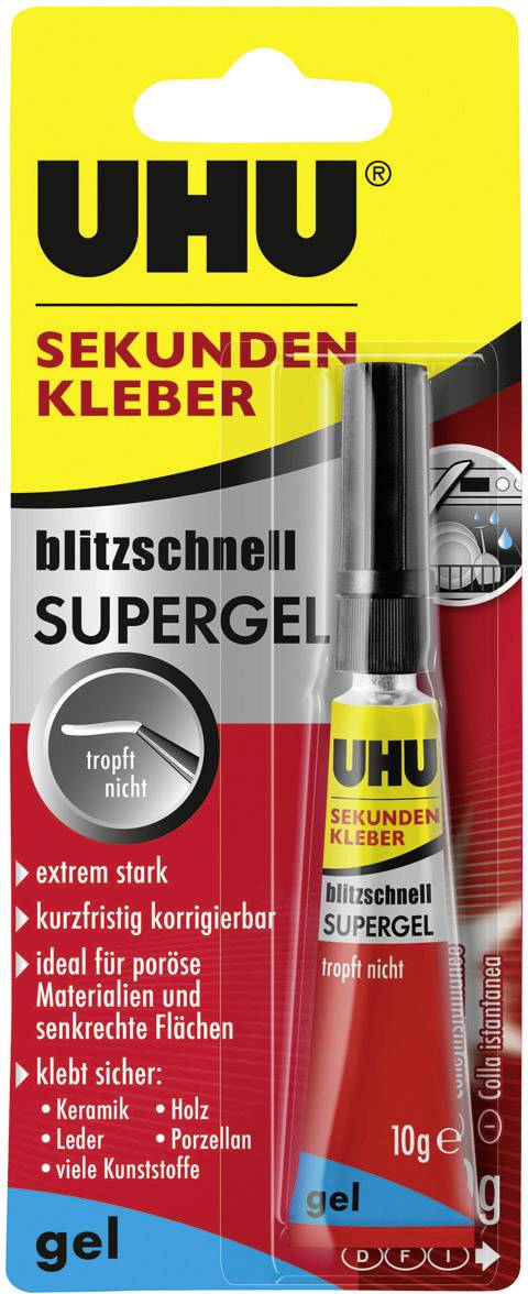 UHU Sekundenkleber blitzschnell SUPERGEL, 10 g in Tube lösemittelhaltig, in der Tube, tropffrei, ide