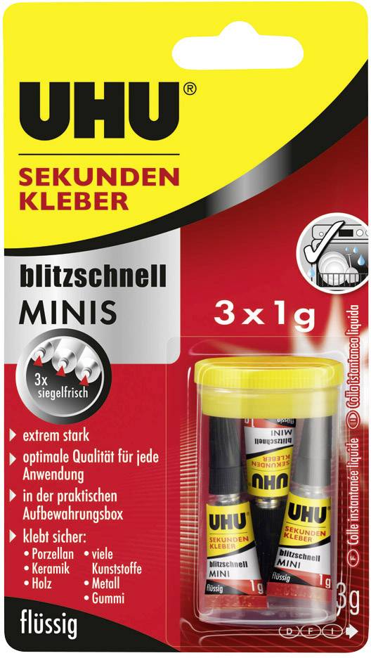 UHU Sekundenkleber blitzschnell MINIS, 3 Tuben à 1 g in Aufbewahrungsbox, flüssiger Sekundenkleber,