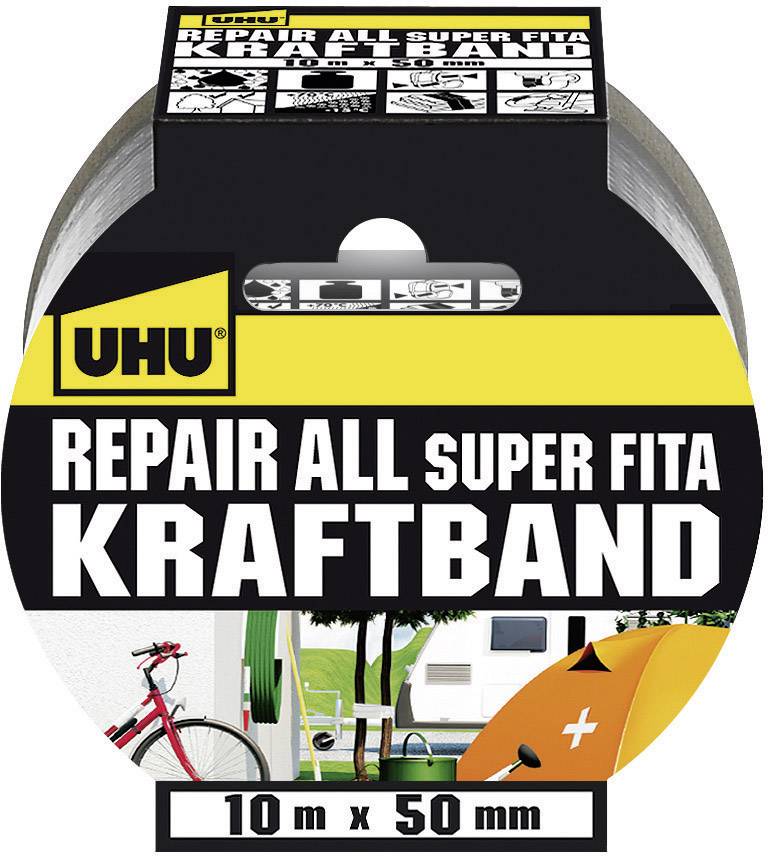 UHU Kraftband Repair all (B)50 mm x (L)10 m, silber extrastarkes Gewebeband mit Polyester-Beschichtu