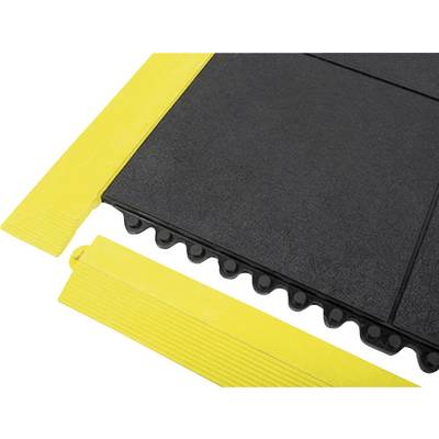 Schwarze Bodenmatte mit gelbem Rand. Matte hat ineinander greifende Kanten, die einfach zusammengefügt werden können. Geeignet für Bodenbeläge.