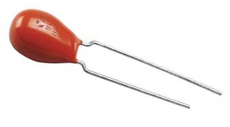 Orangefarbener tropfenförmiger bipolarer Kondensator mit zwei Anschlussdrähten.
