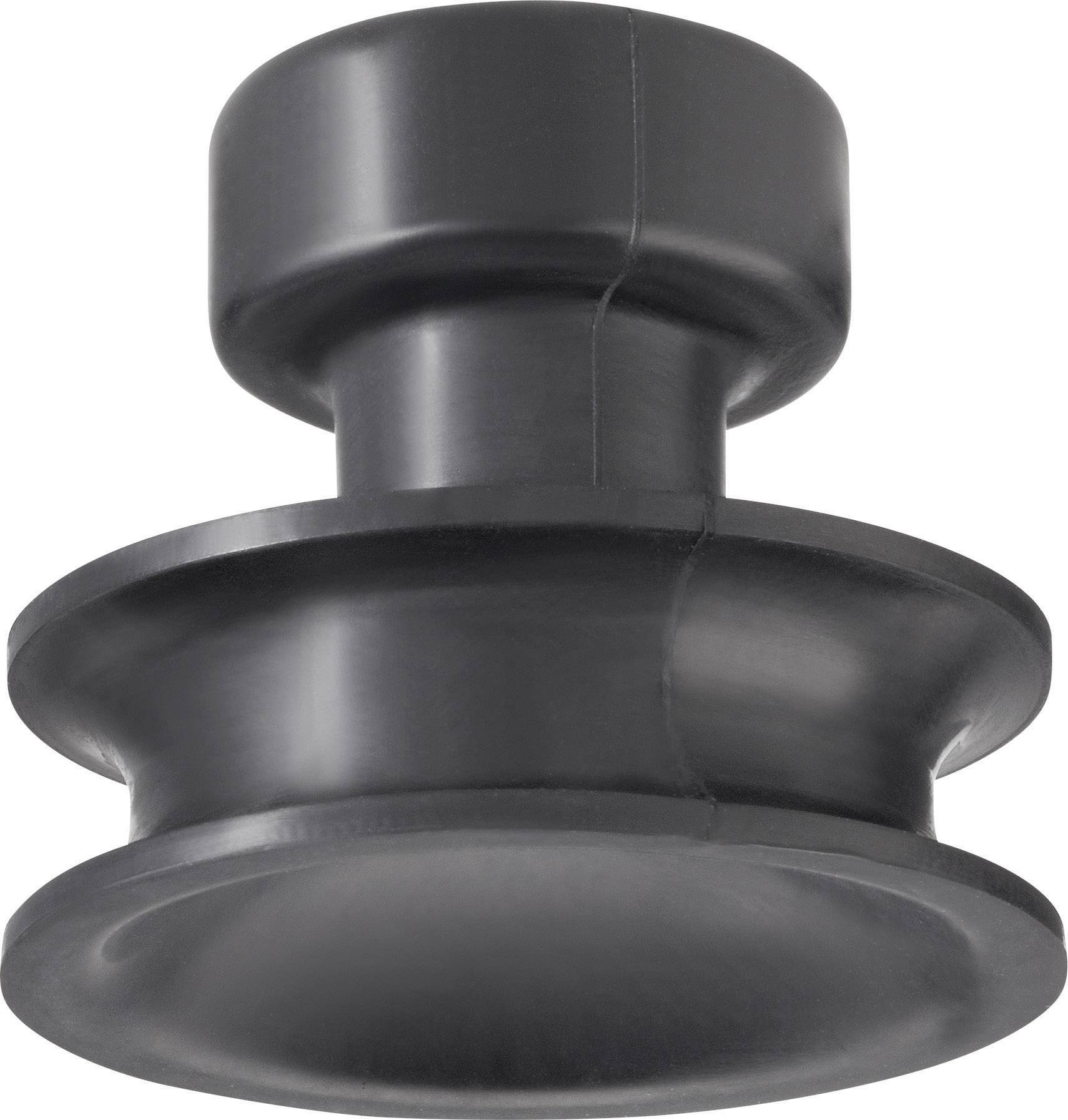 Ein schwarz-grauer Gummianschlagdämpfer mit doppelflanschartiger Form und runder Oberseite, verwendet zur Stoßabsorption.