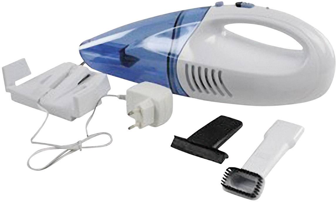Handstaubsauger-Set mit Ladekabel, Wandhalterung und zwei Aufsätzen. Der Staubsauger hat ein blau-weißes Gehäuse.