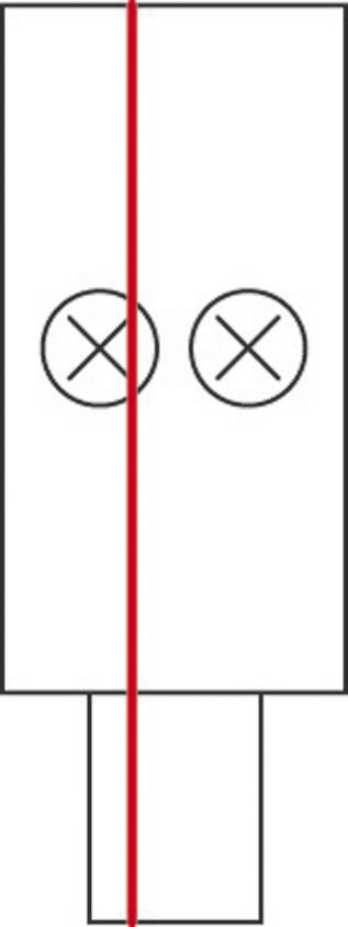 Diagramm zeigt ein rechteckiges Objekt mit zwei Kreisen darin; eine rote Linie verläuft vertikal durch die Mitte.