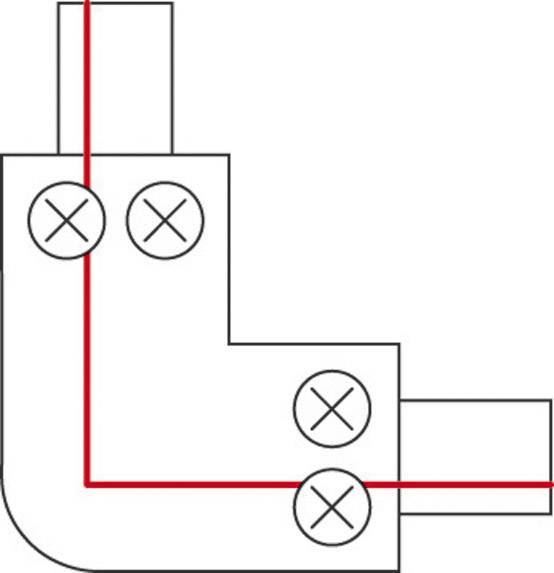 Diagramm zeigt ein L-förmiges Rohr mit rot markiertem Winkel. Vier Schrauben fixieren die Verbindung.