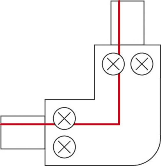 Technisches Diagramm zeigt ein L-förmiges Rohr mit drei Schrauben und einer roten Linie, die den Förderweg des Mediums darstellt.