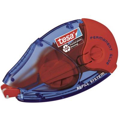 Transparenter, blauer Kleberoller von 'tesa' mit roter Kappe. Aufschrift 'PERMANENT GLUE' und 'REFILL SYSTEM' auf der Oberfläche.