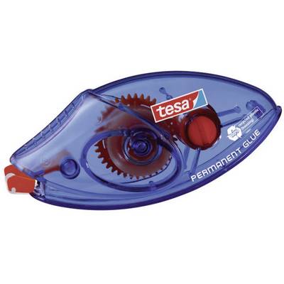 Ein transparenter blauer Kleberoller von Tesa mit einem roten Zahnrad, beschriftet mit 'Permanent Glue'.