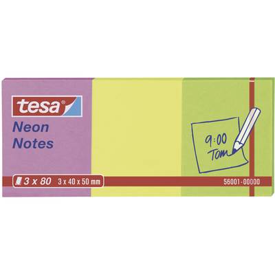 Eine Verpackung Tesa Neon Notes mit Haftnotizzetteln in Gelb und Grün. Enthält 3 Blöcke à 80 Zettel, Größe 40 x 50 mm.