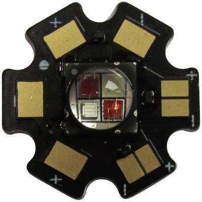 'Ein LED-Chip auf einer sternförmigen Platine mit mehreren Kupferkontakten, geeignet zur Montage in elektronischen Geräten.'