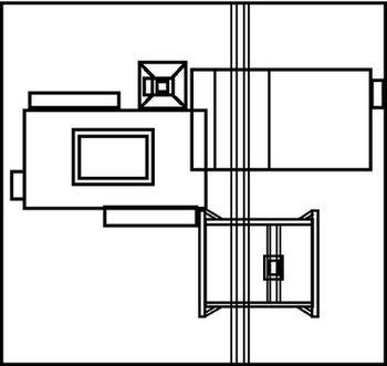 Technische Zeichnung eines Maschinenlayouts mit rechteckigen und quadratischen Komponenten, die durch Linien verbunden sind.