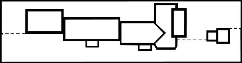 Grundriss eines Gebäudekomplexes mit mehreren miteinander verbundenen rechteckigen und polygonalen Strukturen.
