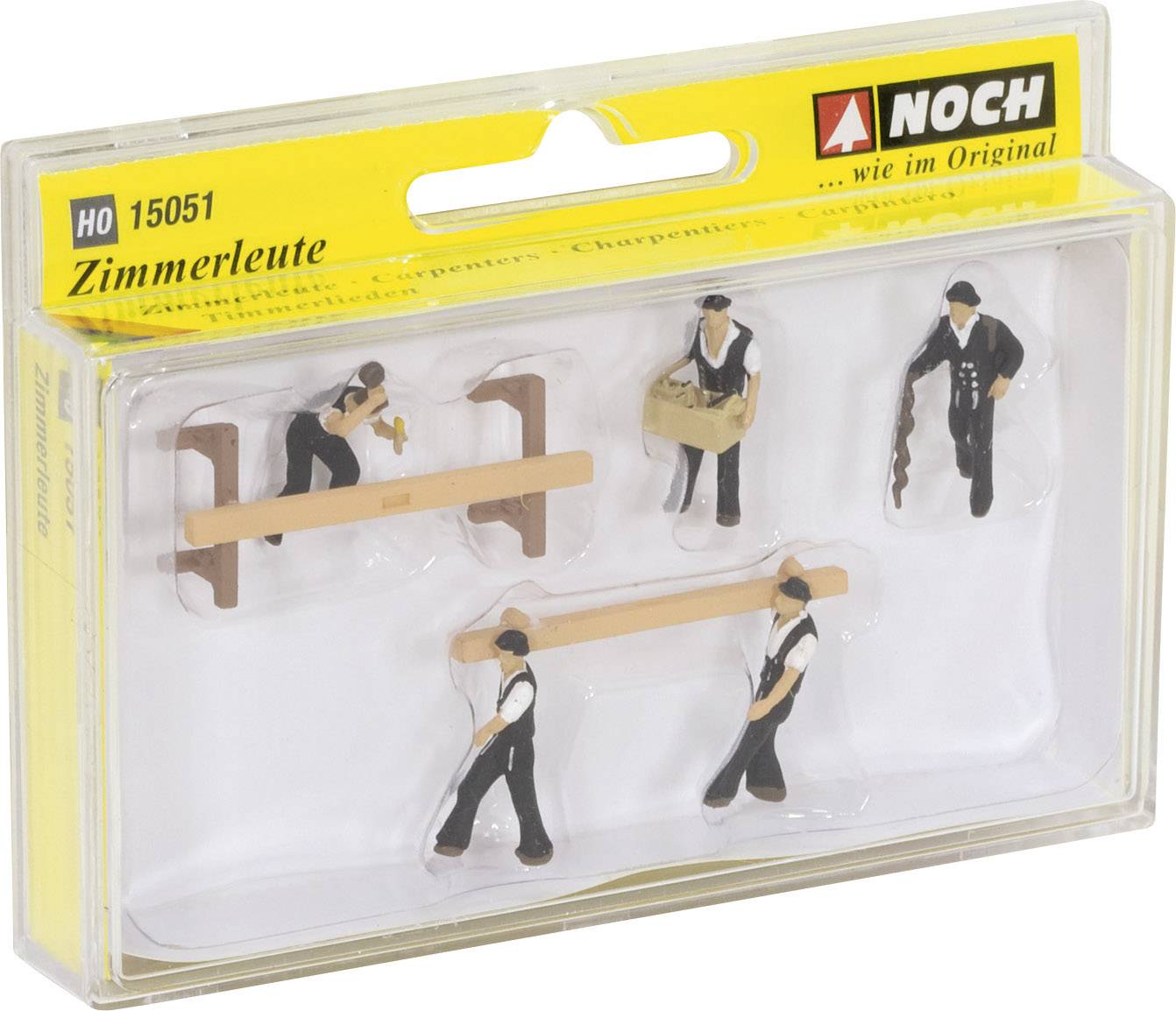 Fünf Miniaturfiguren von Zimmerleuten in einer Verpackung, die verschiedene Handwerksaktivitäten ausführen, präsentiert von der Marke Noch.
