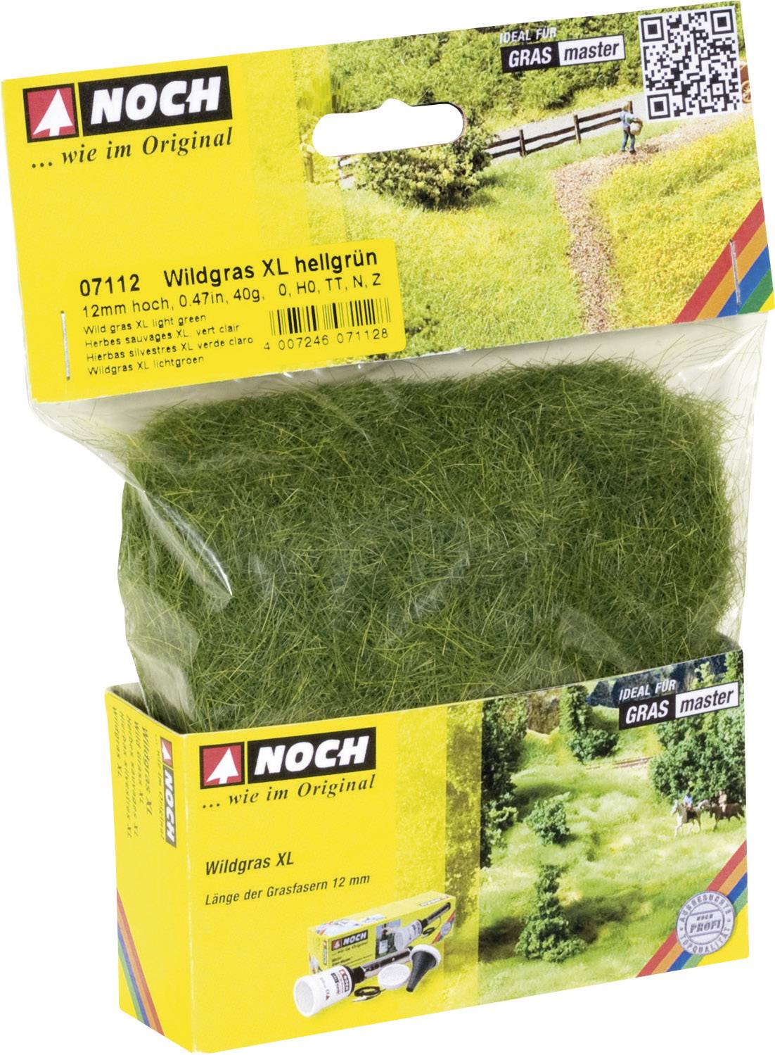 Hellgrünes Wildgras XL von Marke Noch, Modellnummer 07112, zur Modellgestaltung. Verpackung zeigt Gebrauchsanwendung im Hintergrund.