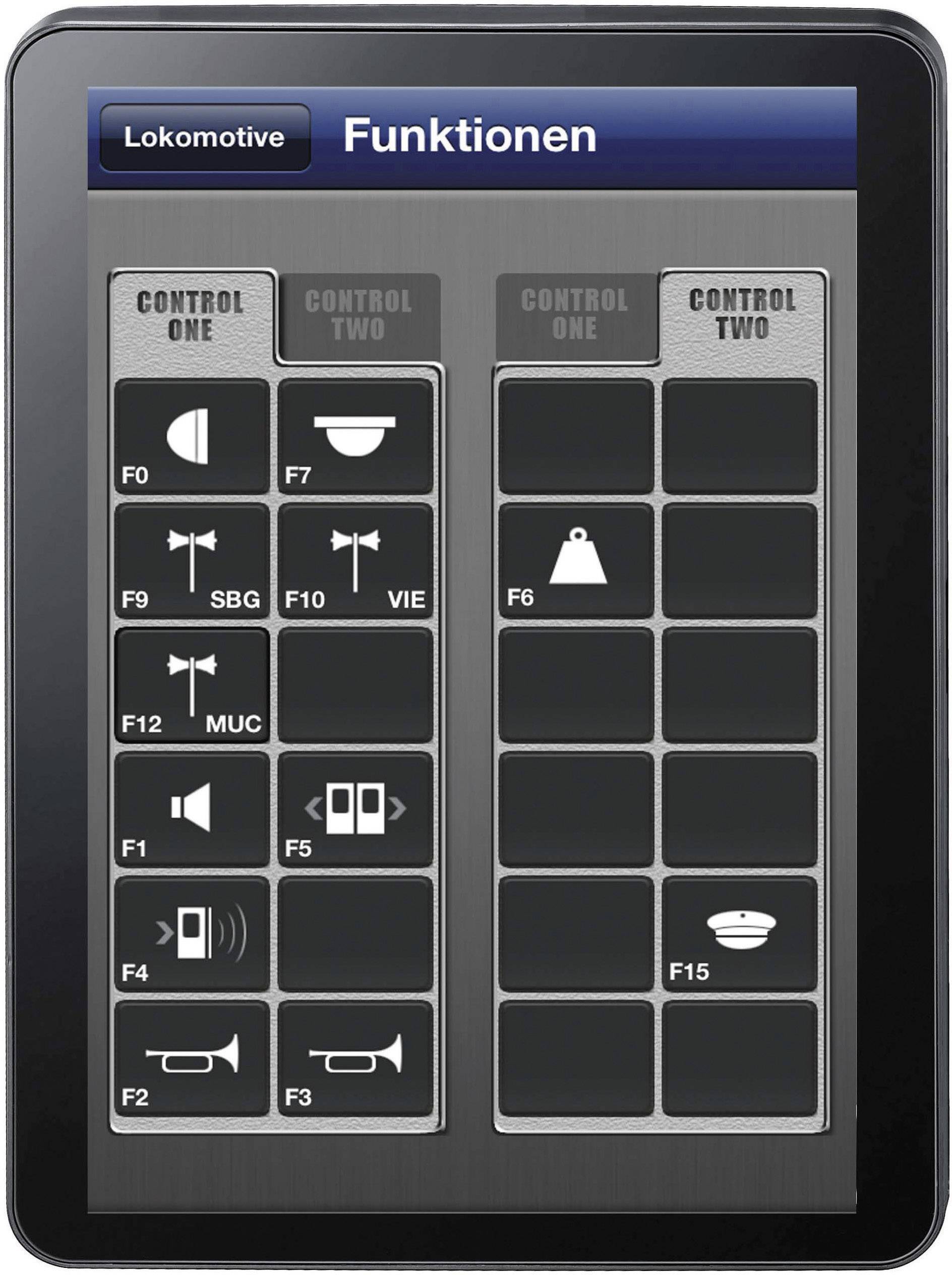 Ein digitales Bedienfeld mit zwei Spalten: 'Control One' und 'Control Two'. Verschiedene Symbole für Funktionen wie Licht und Signal.
