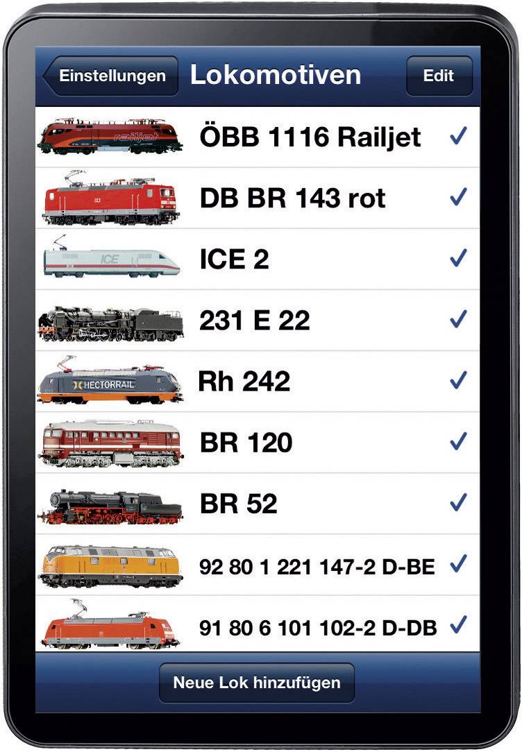 'Bildschirmansicht einer Eisenbahn-App auf einem Tablet. Die Liste zeigt verschiedene Lokomotiven-Modelle mit Typenbezeichnung und Fotos.'