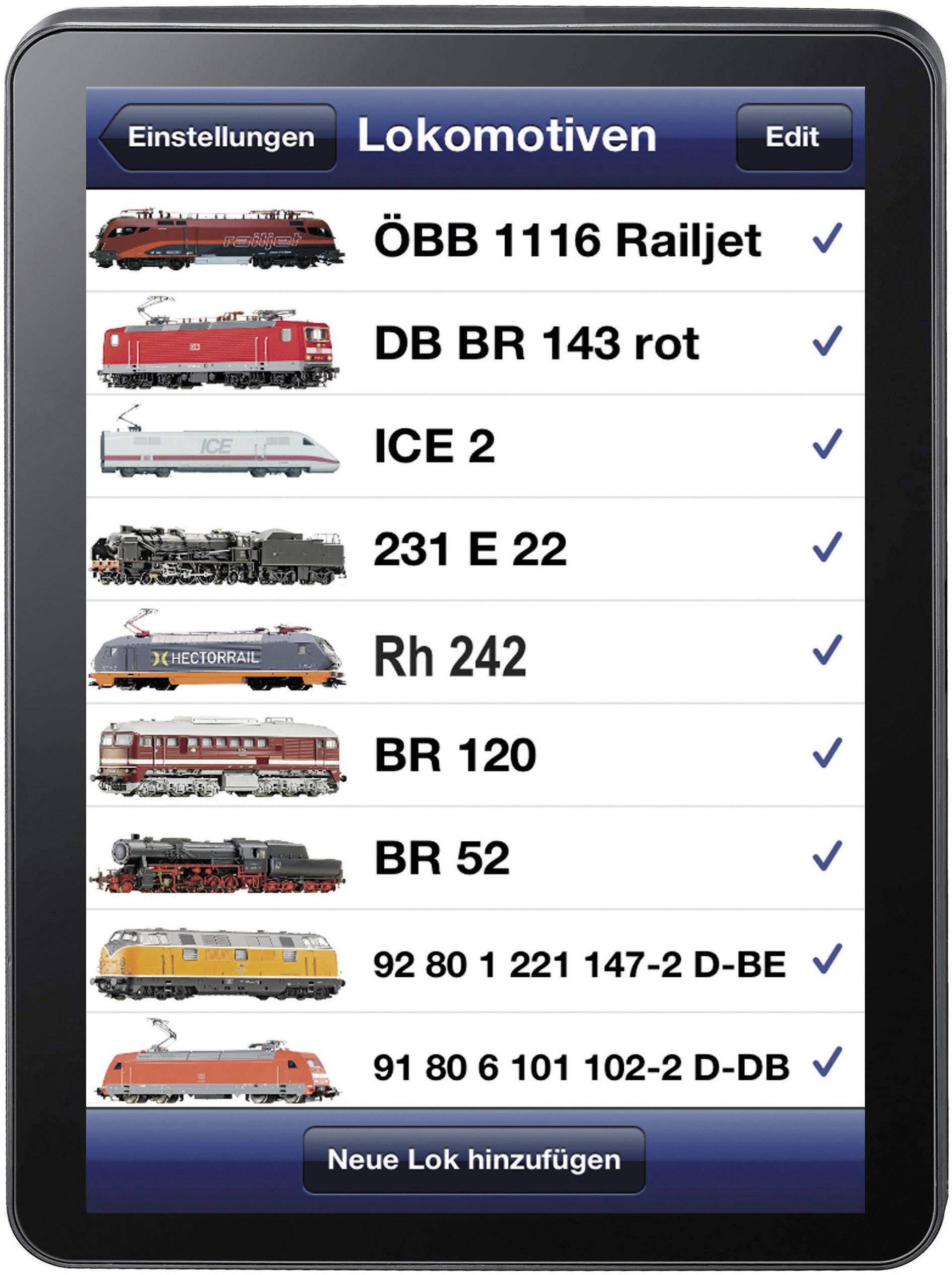 Eine Liste von Lokomotiven mit Auswahlkästchen auf einem Display. Lokomotivtypen: ÖBB 1116 Railjet, DB BR 143, ICE 2, 231 E 22, Rh 242, BR 120, BR 52, 92 80 1 221 147-2 D-BE, 92 80 1 601 102-2 D-DB.