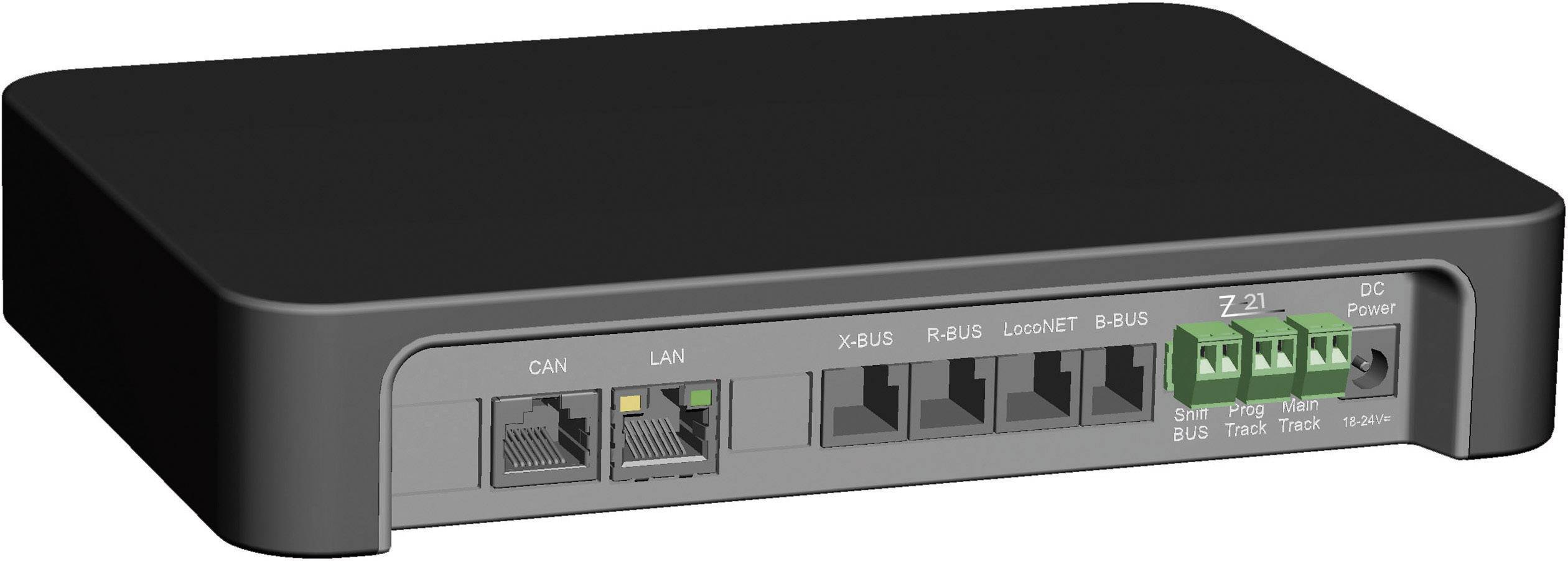 Ein schwarzes Netzwerkgerät mit mehreren Anschlussports auf der Vorderseite, darunter CAN, LAN, und verschiedene Bus-Schnittstellen.