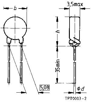 Diagramm eines elektronischen Bauteils (Thermistor), zeigt frontale und seitliche Ansicht mit Maßangaben in Millimetern für genaue Spezifikationen.