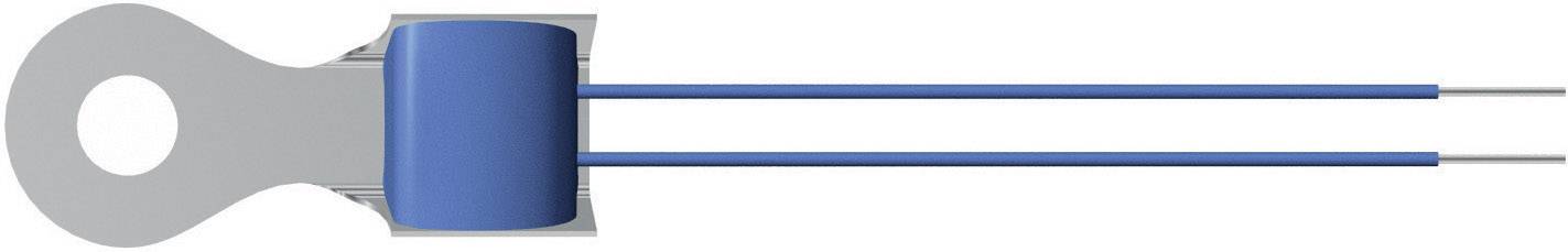 Ein blauer Kühlkörper mit zwei Metallstiften zur Befestigung eines Temperaturfühlers an Oberflächen.