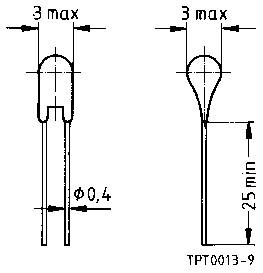 Technische Zeichnung eines elektronischen Bauteils (vermutlich LED) mit Maßen: Durchmesser 0,4 mm, Maximale Breite 3 mm, Mindestlänge 25 mm.