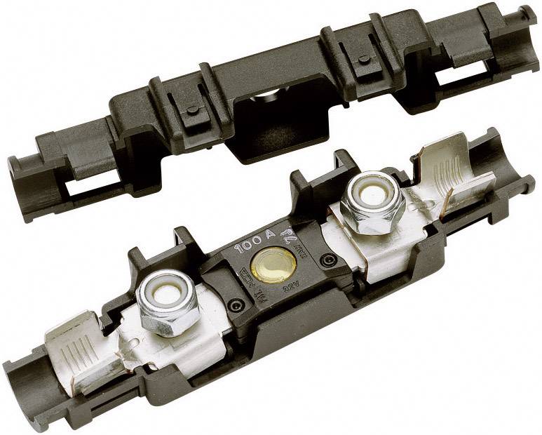 Sicherungshalter für Flachsicherungen, geöffnet, mit zwei Metallkontakten und einer Sicherung. Geeignet für eine 100 A Sicherung.