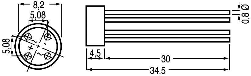 Technische Zeichnung eines zylindrischen Steckers mit vier Anschlüssen, Maße: Durchmesser 10,8 mm, Länge 34,5 mm, Anschluss-Raster 5,08 mm.