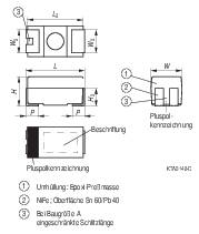 Technische Zeichnung eines elektronischen Bauteils mit Maßen und Beschriftungen zu Pluspolkennzeichnung und Materialhinweisen.