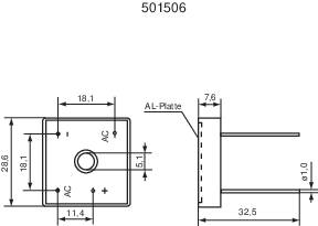 Technische Zeichnung einer rechteckigen Metallplatte mit Loch in der Mitte, Maßen und Markierungen für Plus- und Minuspol.