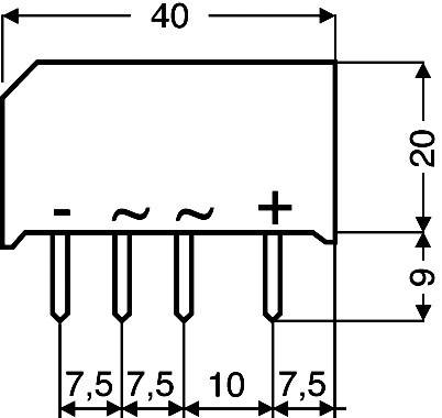 'Elektronische Komponente mit Maßen: Breite 40 mm, Höhe 20 mm. Anschlüsse von links: Minus, Wechselstrom, Wechselstrom, Plus. Abstand zwischen den Anschlüssen: 7,5 mm, 10 mm, 7,5 mm.'