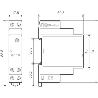 Technische Zeichnung eines Relais mit den Maßen: Breite 17,5 mm, Höhe 88,8 mm, Tiefe 60,8 mm. Elliptische Symbole oben links.