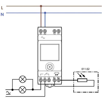Schaltschema eines elektrischen Geräts: Verbindet zwei Lampen in Reihe mit einem Schalter. Zeigt Anschlussklemmen und Leitungsführung.