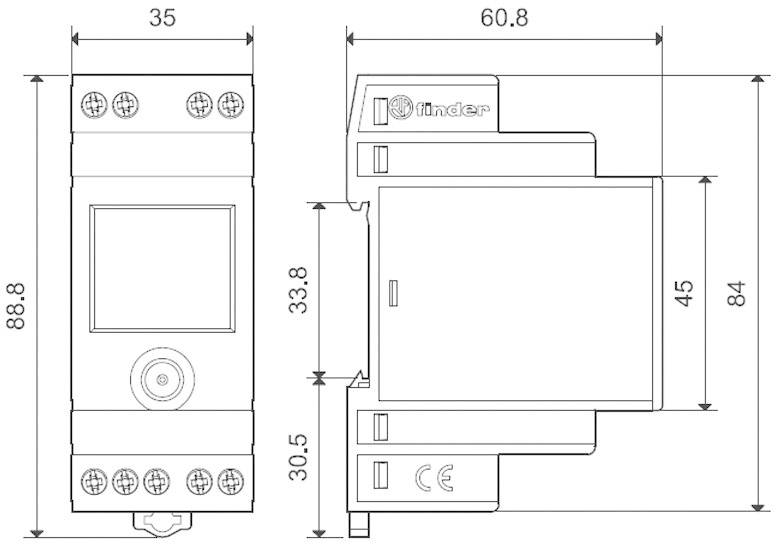 Technische Zeichnung eines elektrischen Bauteils mit Abmessungen: Höhe 88,8 mm, Breite 35 mm, Tiefe 60,8 mm, Seitenansicht.