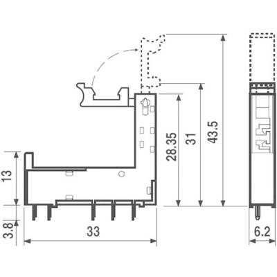 Technische Zeichnung eines elektrischen Steckverbinders mit Maßen: 33 mm Breite, 13 mm Höhe, 31 mm bis 43,5 mm Tiefe.