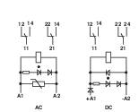 'Schaltpläne für AC und DC: AC mit Widerstand und Diode, DC mit zwei Dioden. Beide zeigen Schalterpositionen und Anschlussklemmen.'