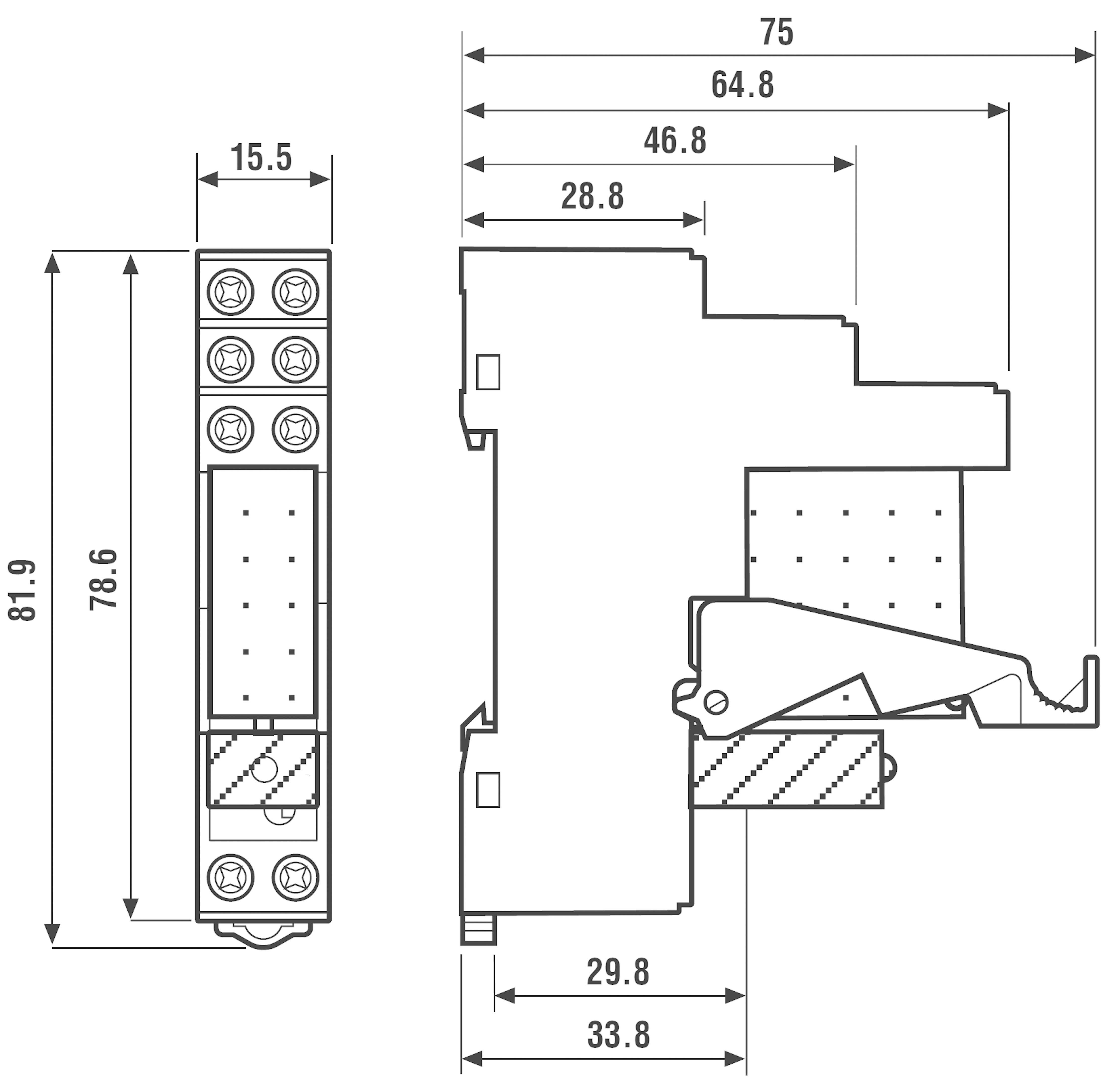 Technische Zeichnung eines elektrischen Bauteils mit Maßangaben: Höhe 81,9 mm, Breite 15,5 mm, Tiefe 75 mm.