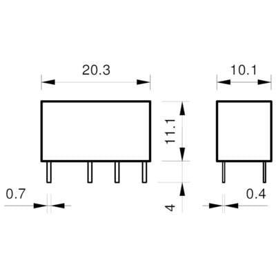 Abmessungen eines rechteckigen elektronischen Bauteils: 20,3 mm Länge, 11,1 mm Höhe, 10,1 mm Breite, Pinabstände 0,7 mm und 0,4 mm.