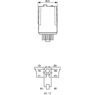 Technische Zeichnung eines Relais mit Steckdosen-Diagramm. Maße: 32,5 mm Breite oben, 60,12 mm Breite unten. Anschlüsse: 11, 12, 21, 22.