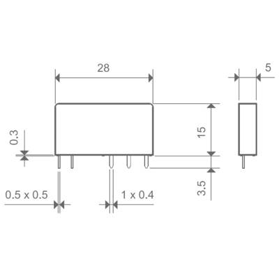 'Abmessungen eines elektronischen Bauteils: Breite 28 mm, Höhe 15 mm, mit Anschlussstiften 0,5 x 0,5 mm und 1 x 0,4 mm.'