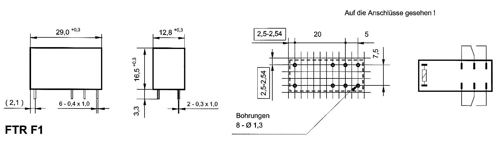 'FTR F1' Relaisgehäuse: Technische Zeichnung mit Abmessungen. Breite 29 mm, Höhe 16,5 mm, Tiefe 12,8 mm. Anschlussdetails und Bohrungspositionen gezeigt.