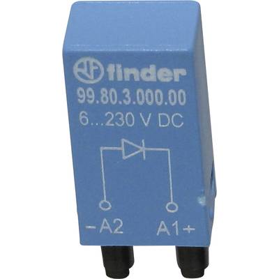 Blauer elektrischer Relaisblock mit Anschlussstiften. Aufdruck zeigt technische Spezifikationen und Schaltplan mit Diode; 6-230 V DC.