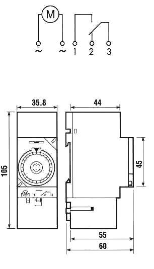 Schemazeichnung eines elektrischen Geräts mit Schaltplan oben und Maßangaben auf der linken Seite: 105 mm hoch, 35,8 mm breit.
