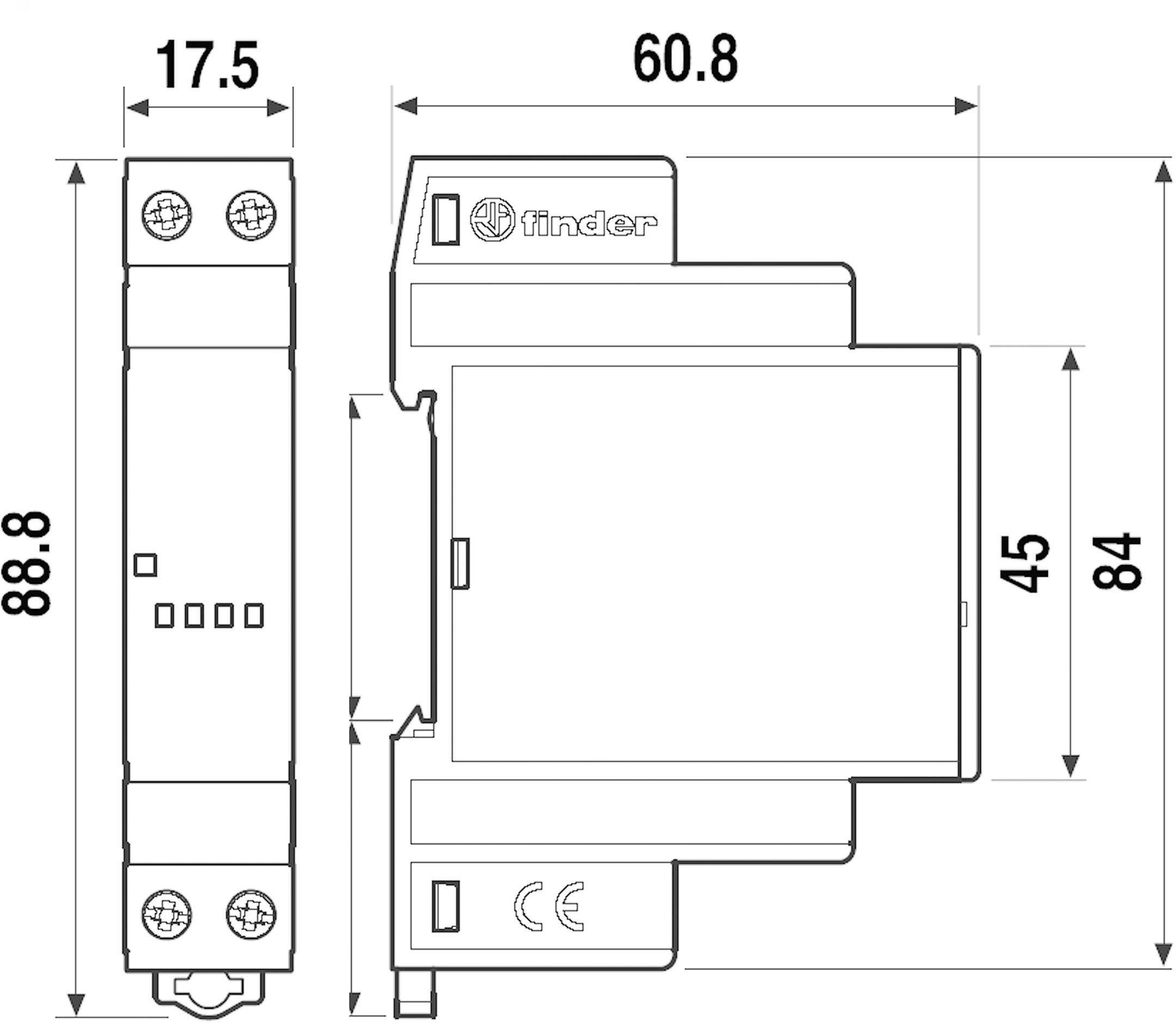 Technische Zeichnung eines Relais mit den Maßen: Höhe 88,8 mm, Breite 17,5 mm, Tiefe 60,8 mm. Markierungen und CE-Zertifizierung sichtbar.