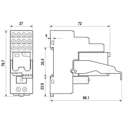 Technische Zeichnung eines elektrischen Bauteils mit Abmessungen: Höhe 79,7 mm, Breite 27 mm, Tiefe 86,1 mm.