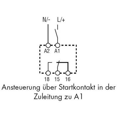 Schaltplan zeigt die Ansteuerung eines Startkontakts zur Leitung A1 mit den Anschlüssen A2, N/-, L/+, 18, 15, 16.