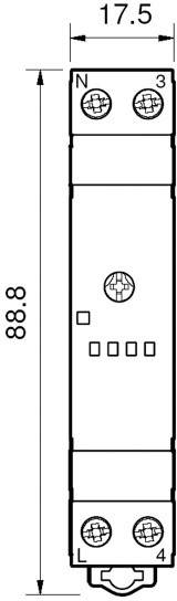 Zeichnung eines elektrischen Bauteils mit den Maßen 88,8 x 17,5 mm, mit Markierungen für N, L und den Anschlüssen 3 und 4.