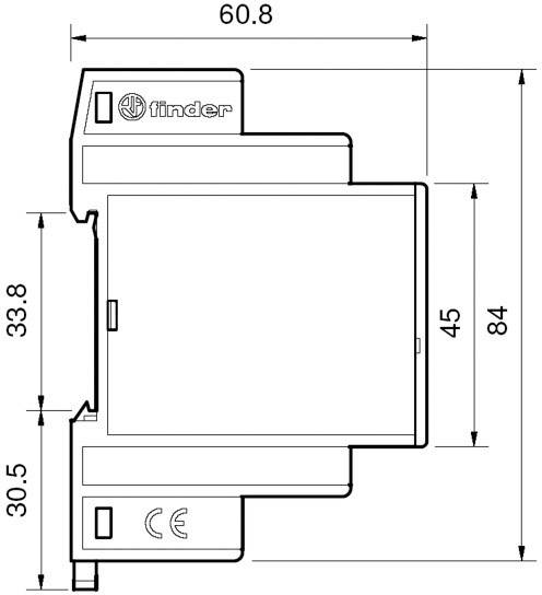 Zeichnung eines technischen Geräts mit Abmessungen: Breite 60.8 mm, Höhe 84 mm. Seitliche Messungen bei 33.8 mm und 30.5 mm.